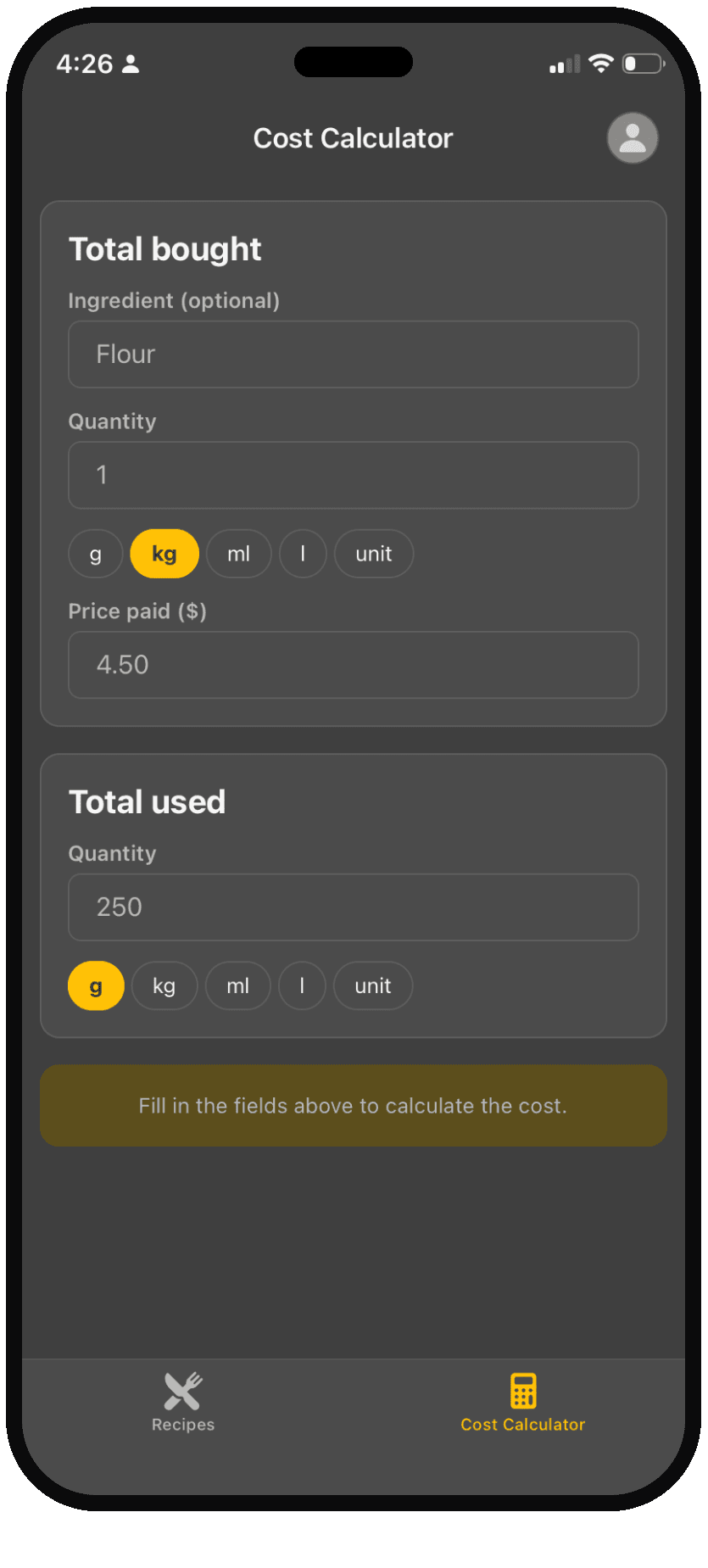 The cost calculator, converting a bulk price into the cost of the quantity actually used.
