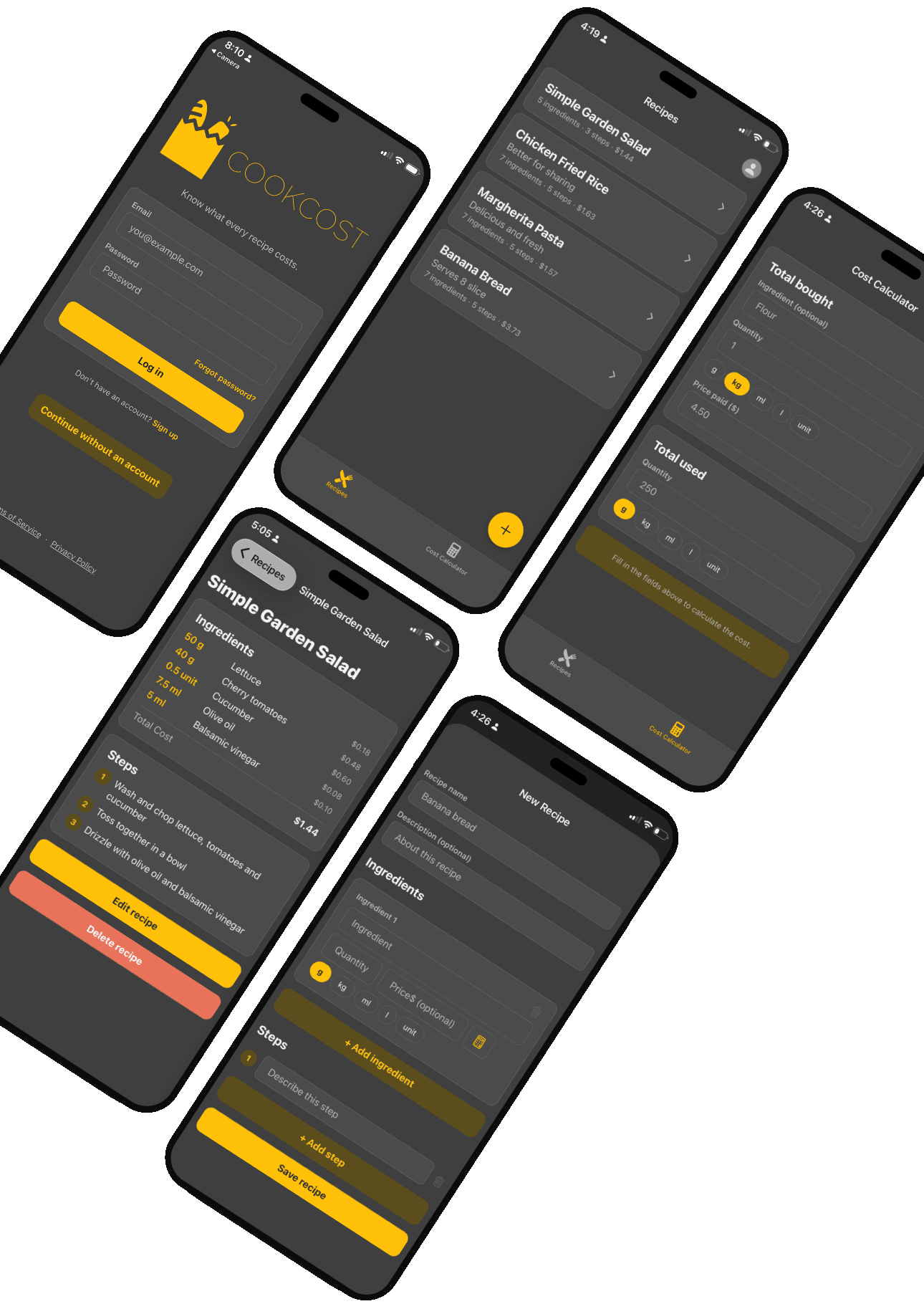 CookCost on iPhone: the sign-in screen, the recipe list, a recipe cost breakdown, the new recipe form and the cost calculator.