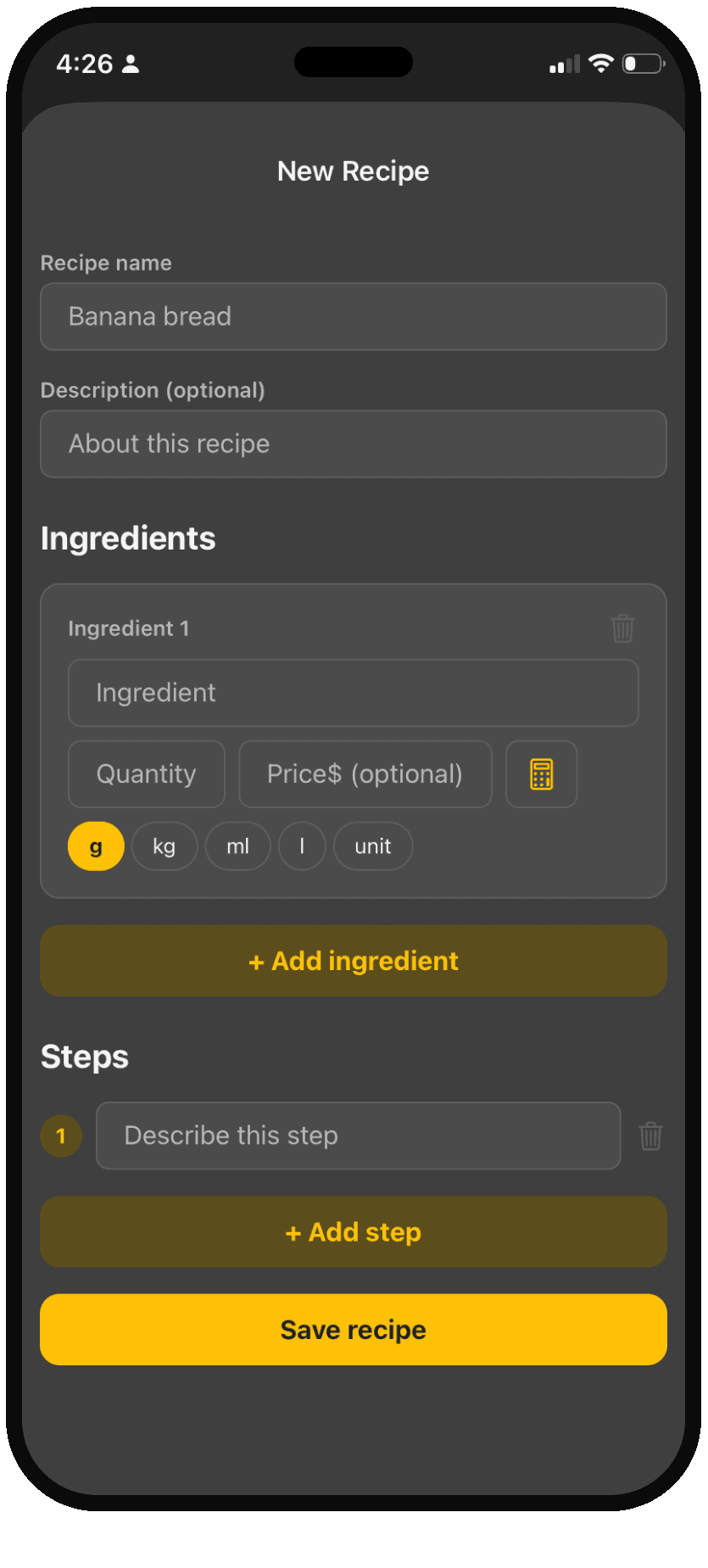 The new recipe screen, with fields for ingredients, quantities, prices and steps.