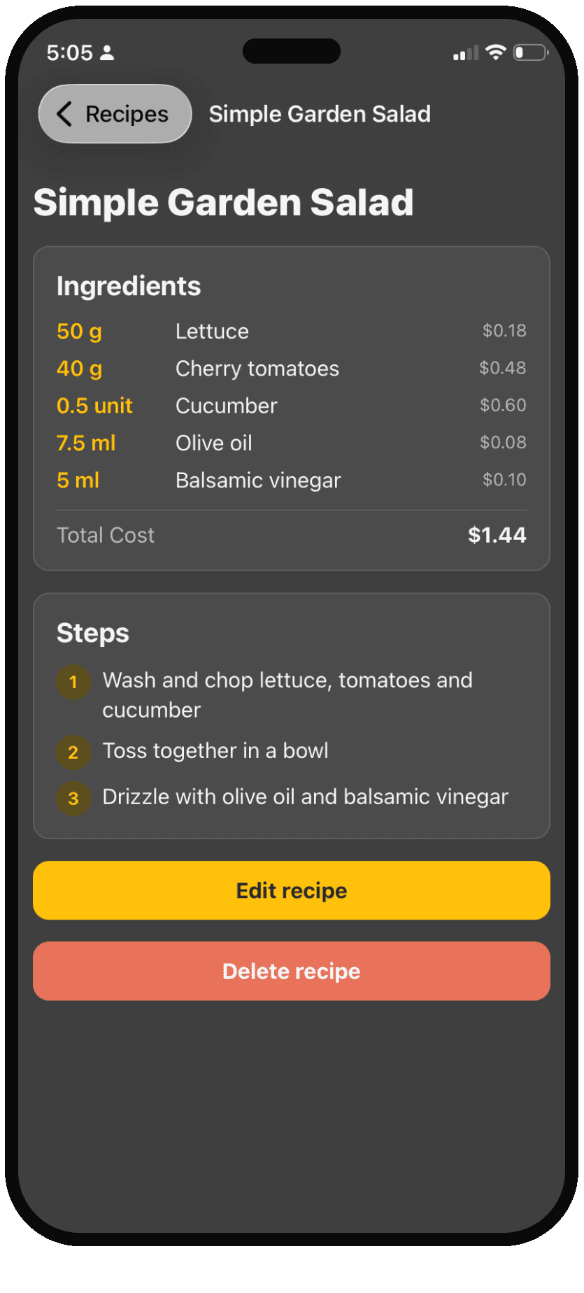 A recipe detail screen breaking down the cost of each ingredient and the total.