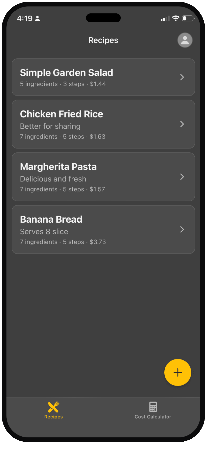 The CookCost recipe list, showing each recipe with its ingredient count, step count and total cost.